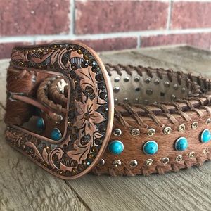 Western Leather Turquoise and Yellow Stoned Belt